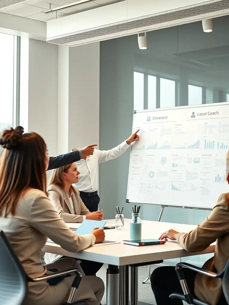 A coach facilitating a strategic planning session with a diverse team in a modern office, emphasizing collaboration and innovative problem-solving, with a focus on achieving business goals.