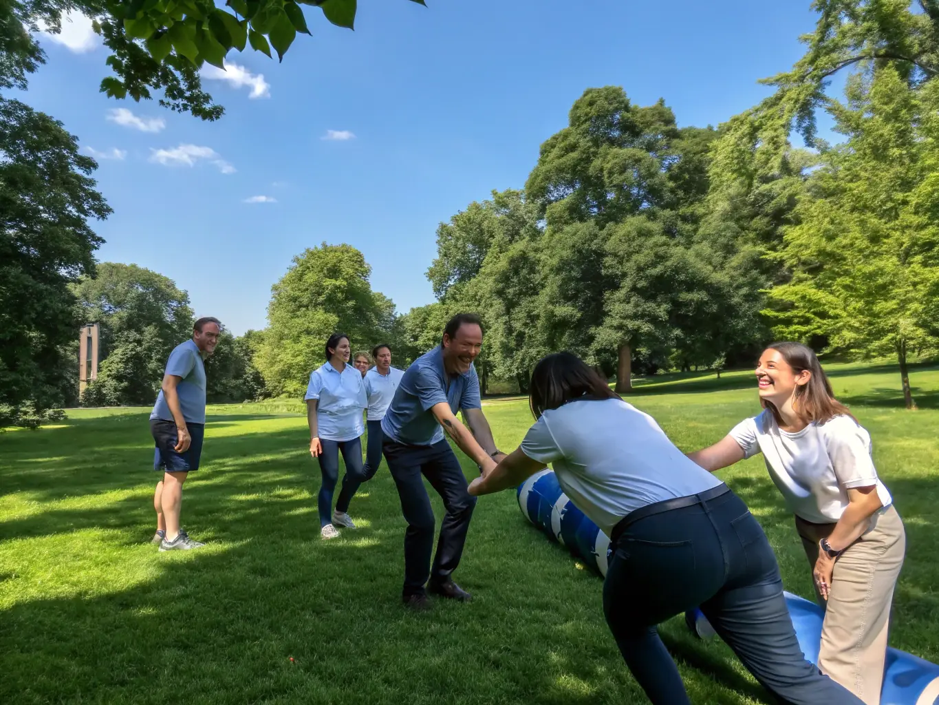 A group of professionals participating in a team-building activity outdoors, facilitated by a coach, representing Team Building and Leadership Workshops.