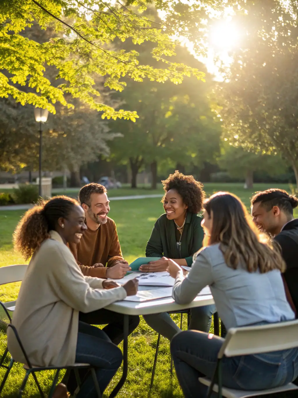 A group of professionals participating in a team-building activity outdoors, facilitated by a coach, representing Team Building and Leadership Workshops.