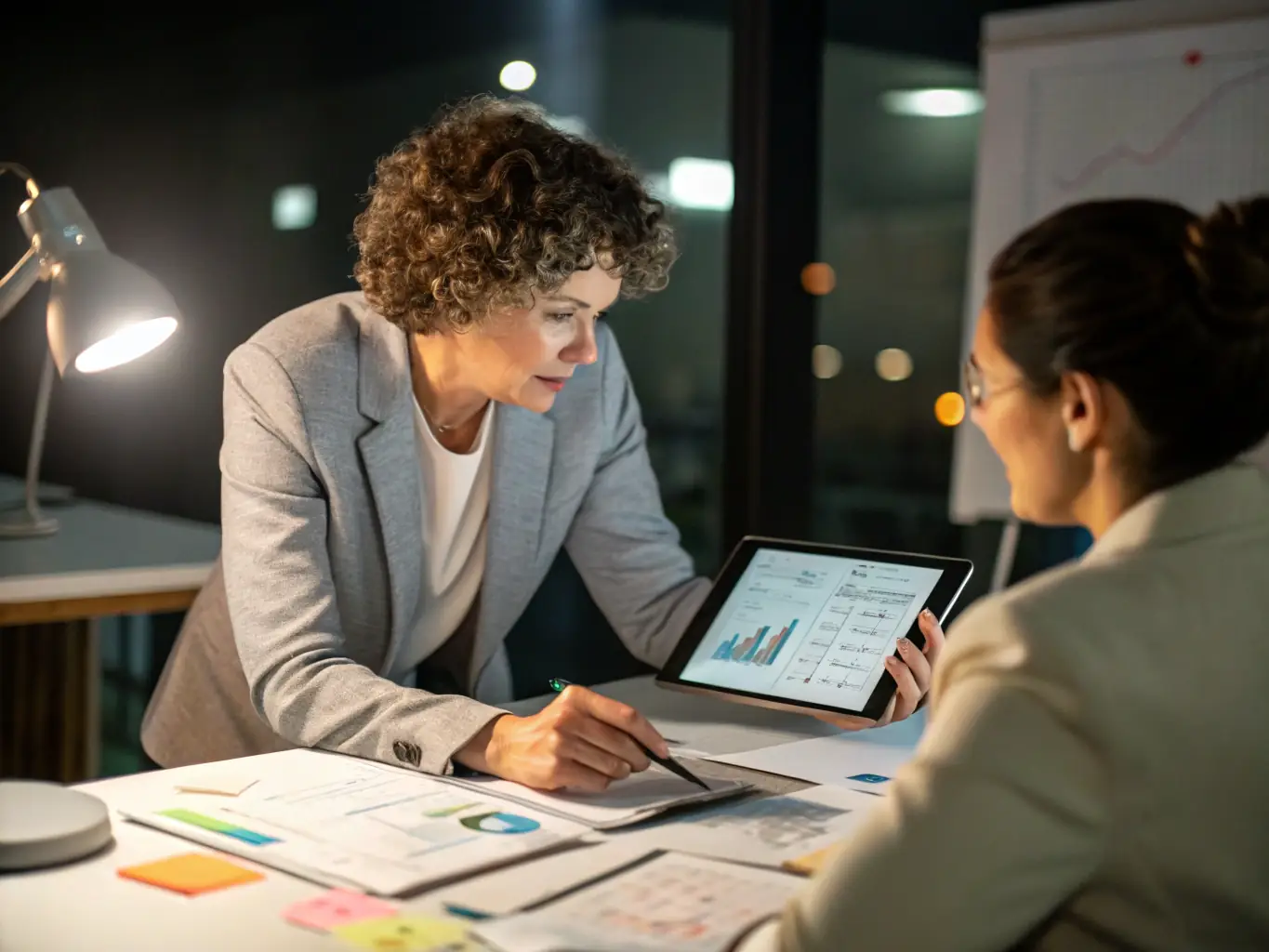 An image of a coach and a business owner discussing strategies over a laptop in a modern office setting, representing Business Growth Coaching.