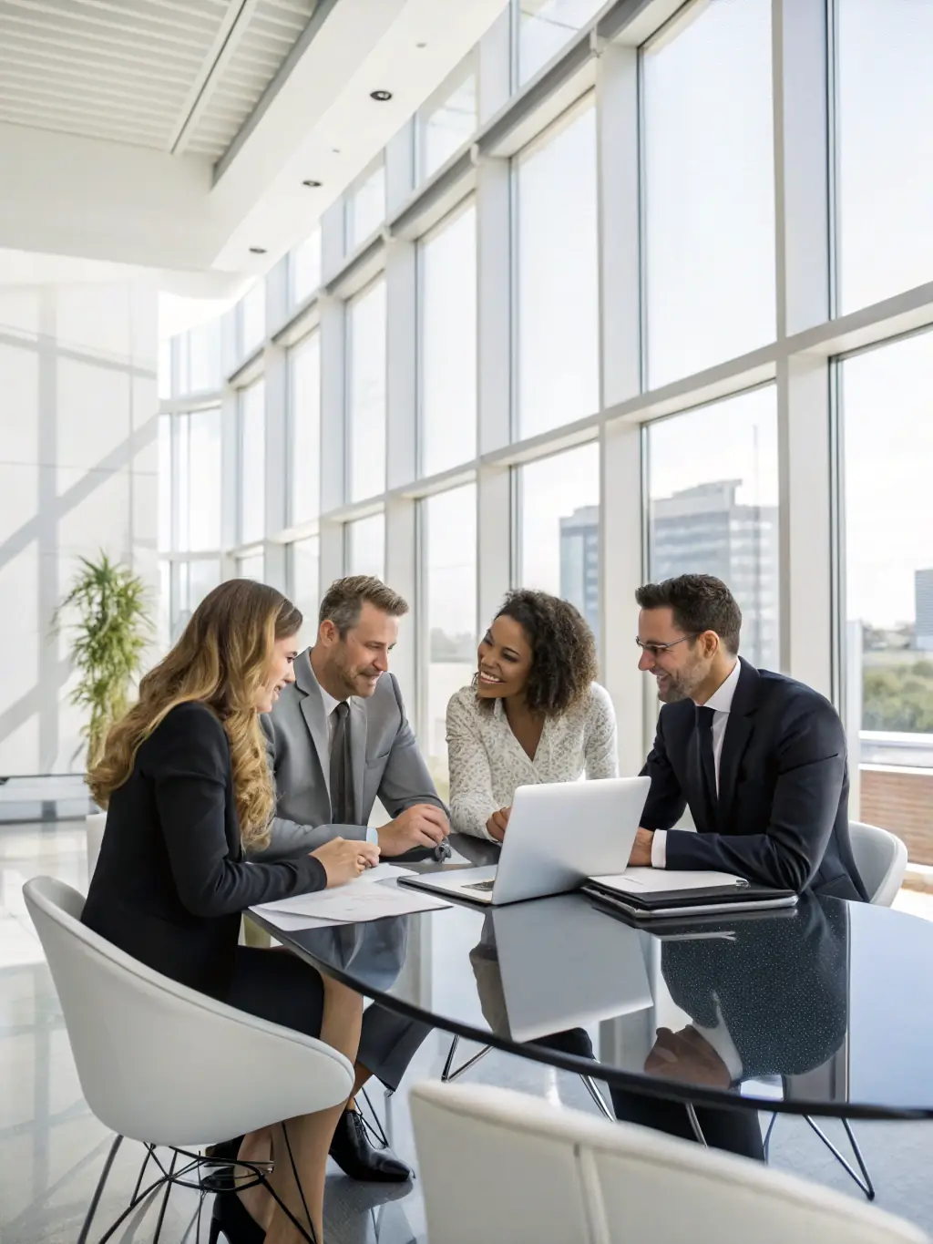 A diverse group of UK business professionals collaborating on a project in a modern office, symbolizing the collaborative spirit fostered by CoachUKUno's services.