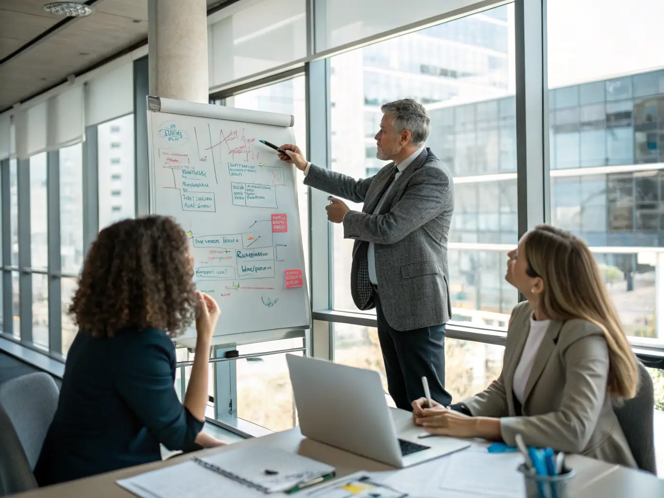A professional coach guiding a business leader through a personal development workshop in a bright, professional environment, representing Personal Development for Business Leaders.