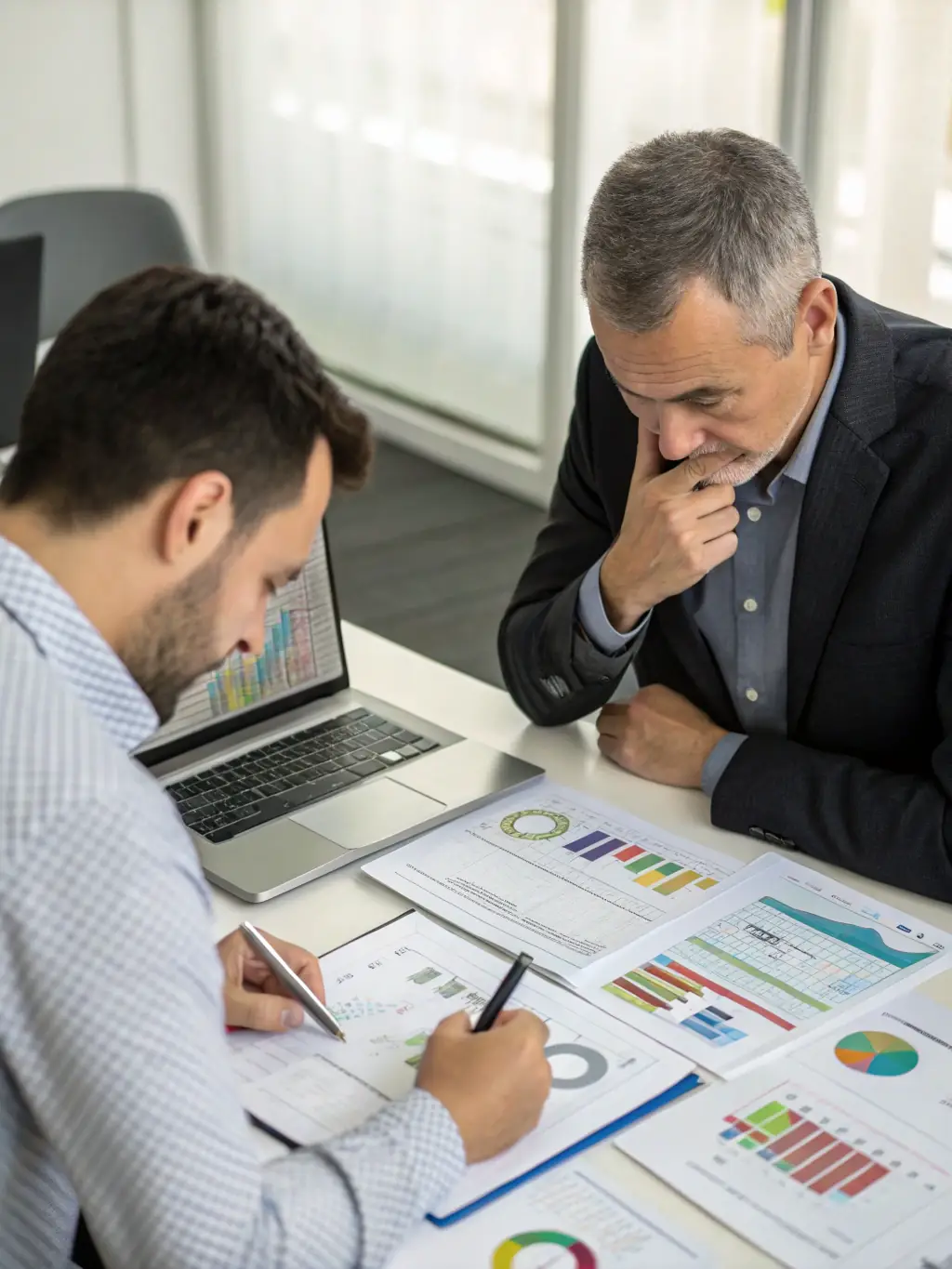 An image of a coach and a business owner discussing strategies over a laptop in a modern office setting, representing Business Growth Coaching.