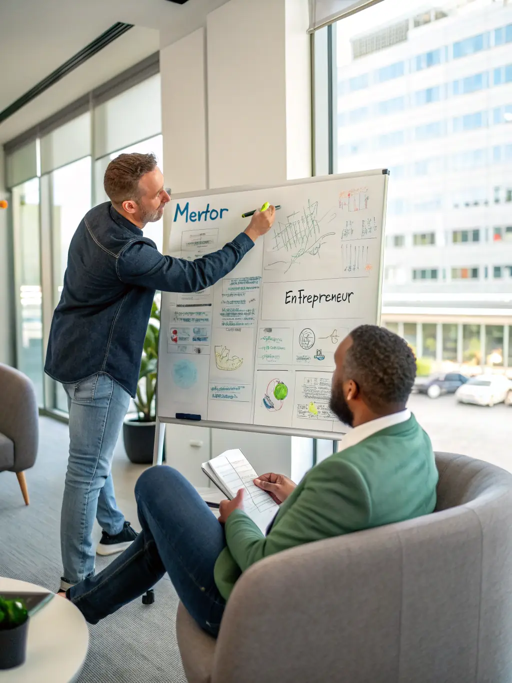 A professional coach guiding a business leader through a personal development workshop in a bright, professional environment, representing Personal Development for Business Leaders.