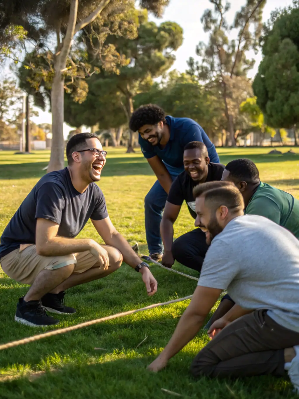 A diverse team participating in a team-building exercise outdoors, showcasing collaboration and leadership development, with a focus on positive interaction and engagement.
