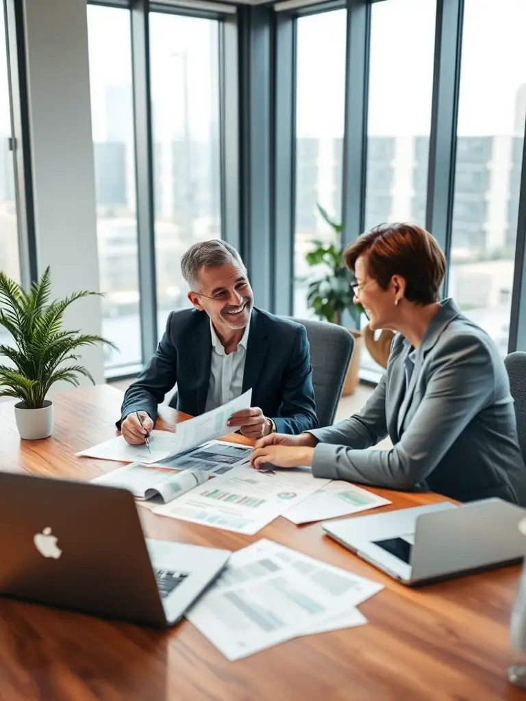 A professional business coach in a suit, smiling confidently while holding a tablet displaying a growth chart, set against a modern office background, representing business growth coaching.