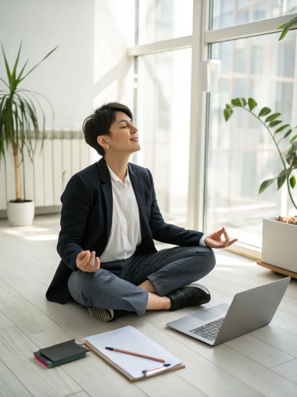A business leader meditating in a serene office environment, promoting mindfulness and personal development, with soft, natural lighting and a focus on inner peace.
